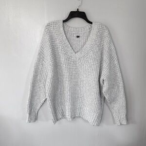 V-Neck Waffle Knit Oversized Sweater - Cream